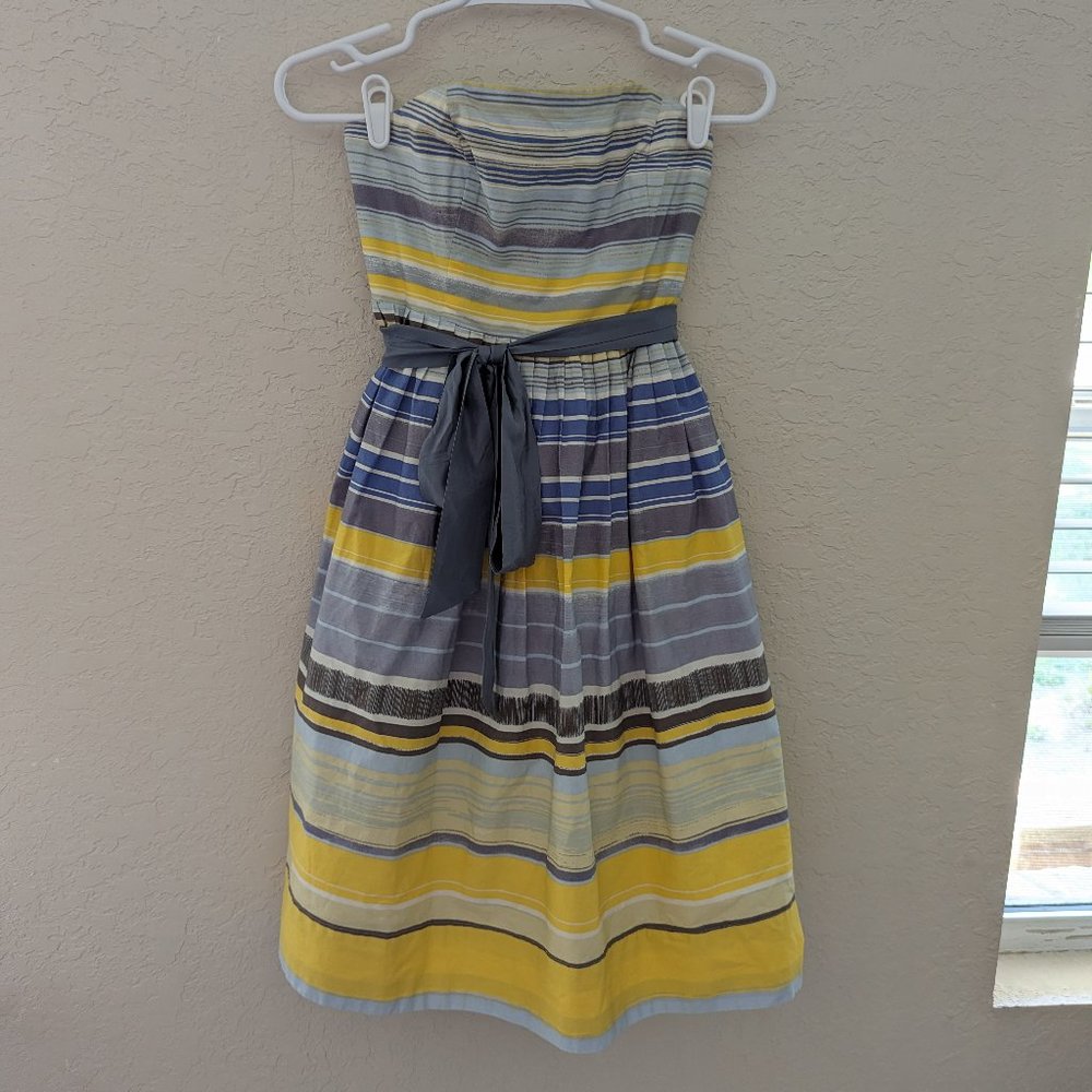 Maeve Anthropologie Strapless Cotton Lined Dress Blue Silk Waist Tie Pocket Sz 2